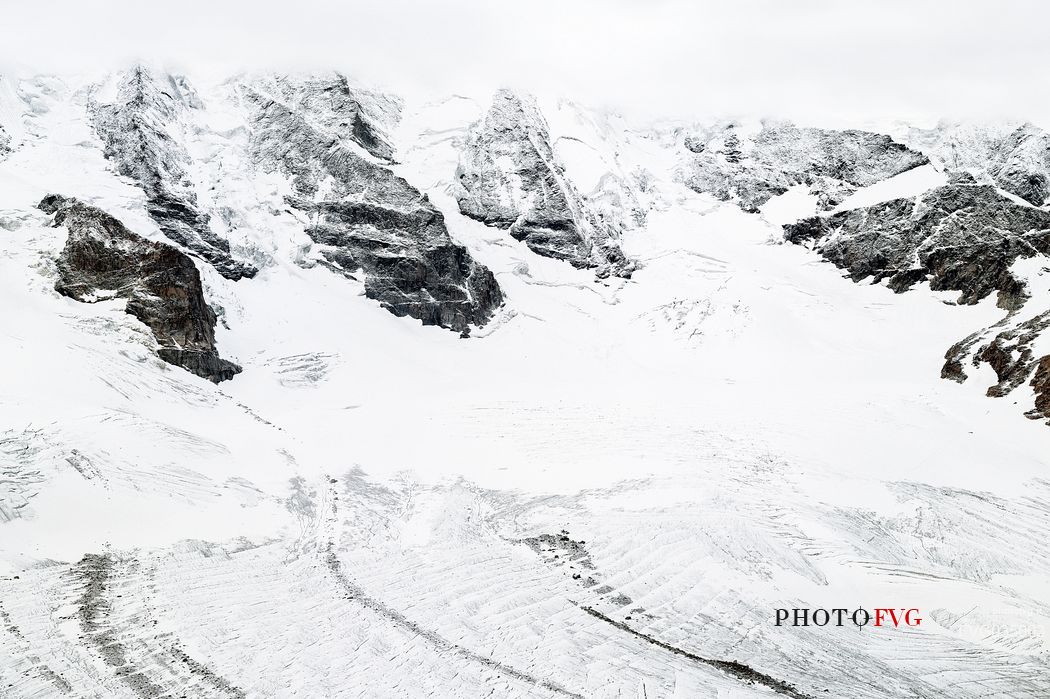 Detail of  Bernina mountain range with Morteratsch glacier after a snowfall, Diavolezza hut, Pontresina, Engadin, Canton of Grisons, Switzerland, Europe