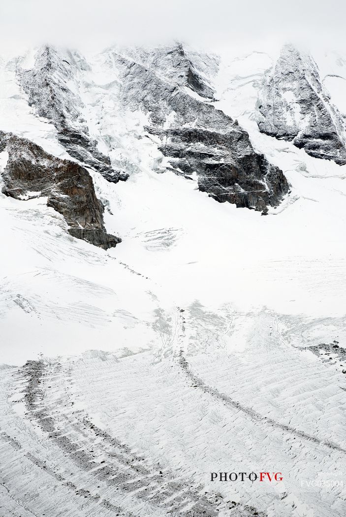 Detail of  Bernina mountain range with Morteratsch glacier after a snowfall, Diavolezza hut, Pontresina, Engadin, Canton of Grisons, Switzerland, Europe