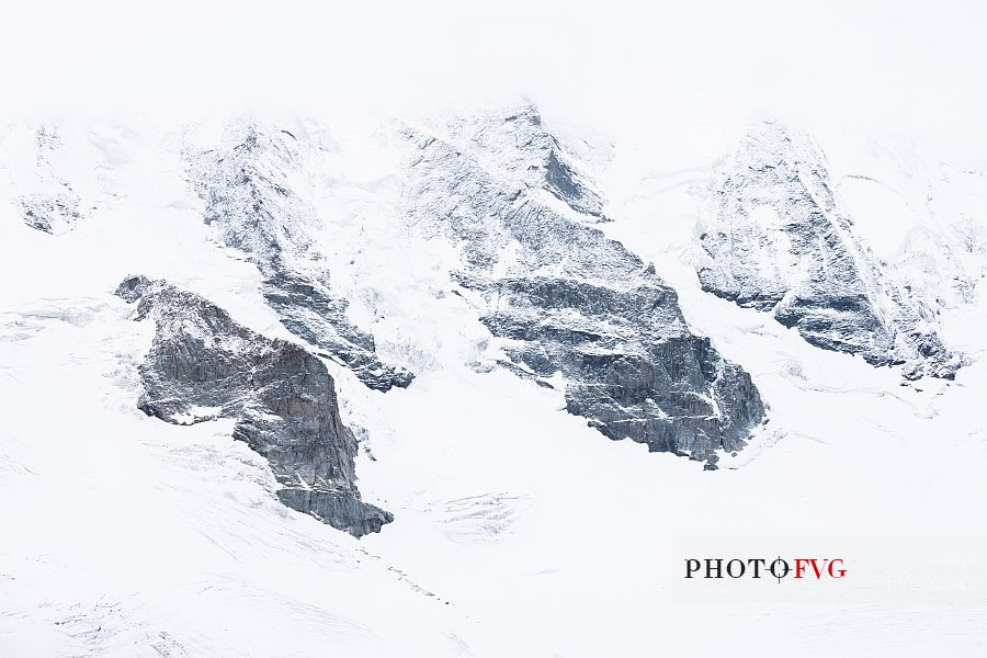 Detail of  Bernina mountain range with Morteratsch glacier after a snowfall, Diavolezza hut, Pontresina, Engadin, Canton of Grisons, Switzerland, Europe