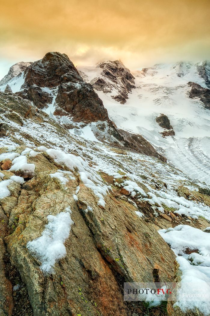 Detail of  Bernina mountain range with Morteratsch glacier after a snowfall, Diavolezza hut, Pontresina, Engadin, Canton of Grisons, Switzerland, Europe