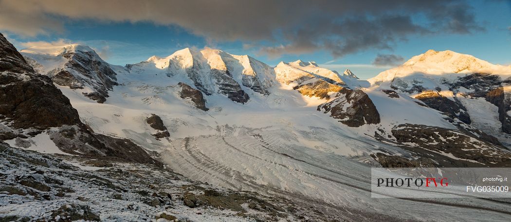 Piz Palu, Bellavista an Piz Bernina at sunrise from of Diavolezza hut, Pontresina, Engadin, Canton of Grisons, Switzerland, Europe