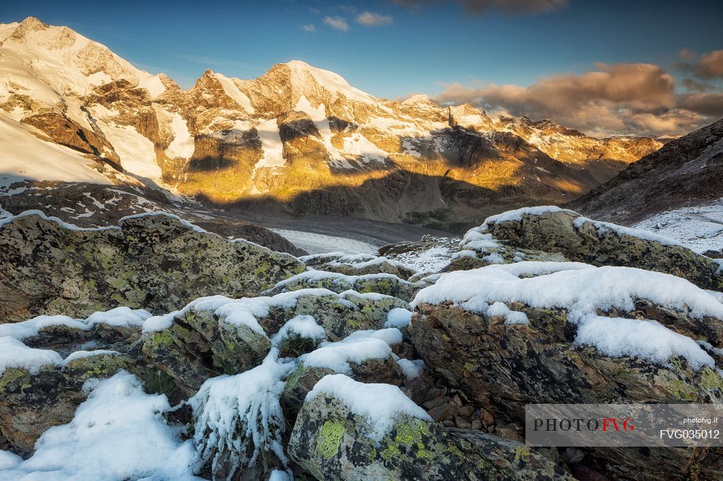 Piz Bernina at sunrise from of Diavolezza hut, Pontresina, Engadin, Canton of Grisons, Switzerland, Europe