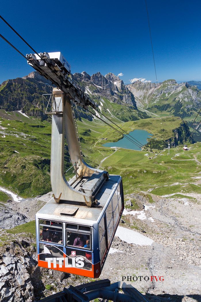 Titlis cableway and the Trubsee lake in the background, Engelberg, Canton of Obwalden, Switzerland, Europe