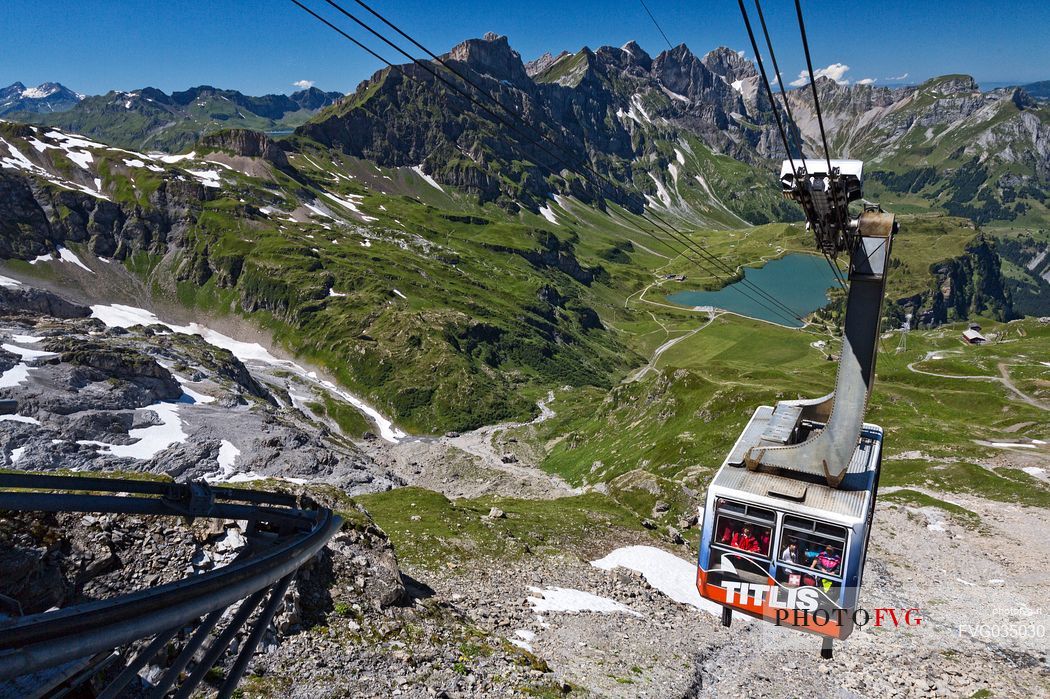 Titlis cableway and the Trubsee lake in the background, Engelberg, Canton of Obwalden, Switzerland, Europe