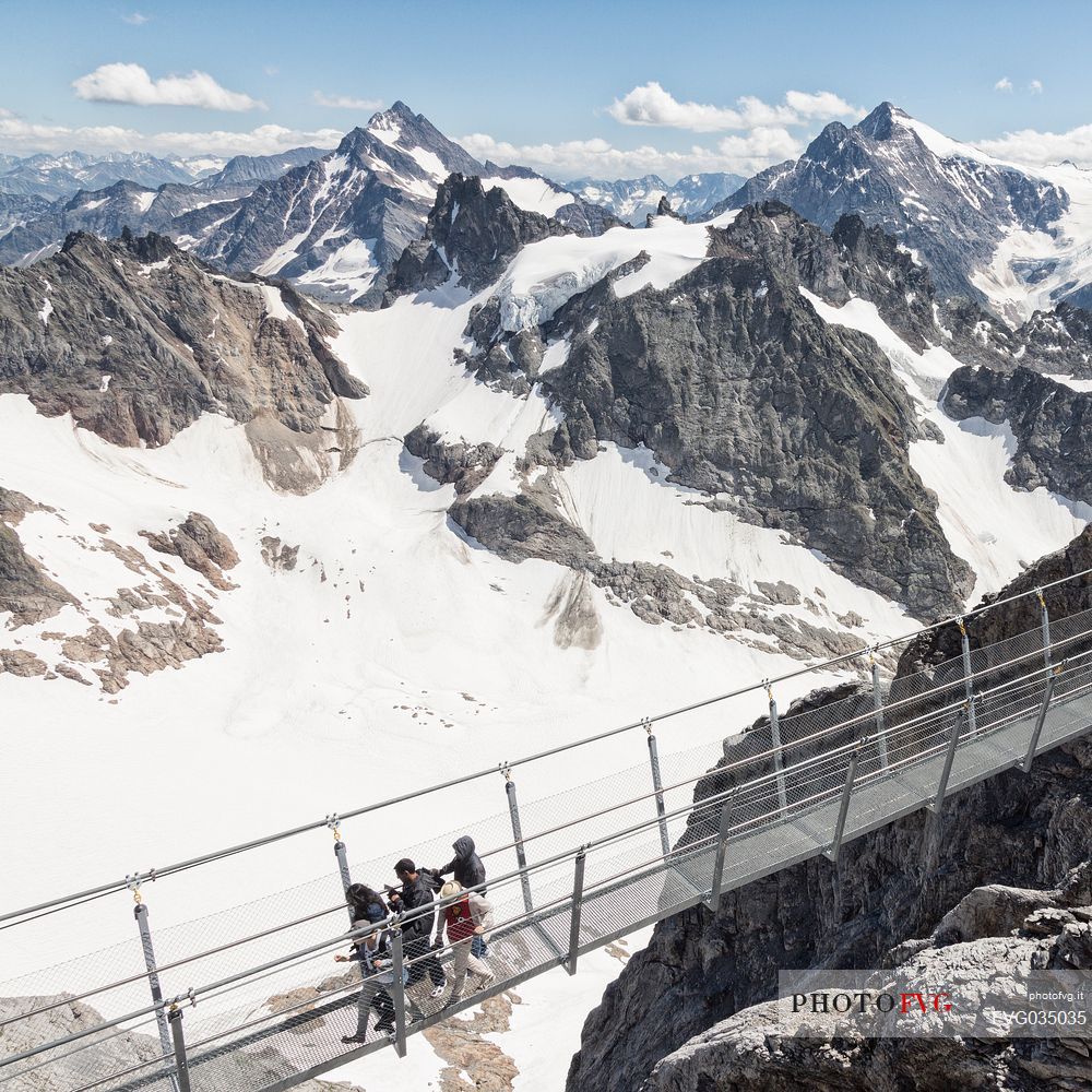 Aerial view of tourists in the Titlis Cliff Walk, the Europes highest suspension bridge, Engelberg, Canton of Obwalden, Switzerland, Europe