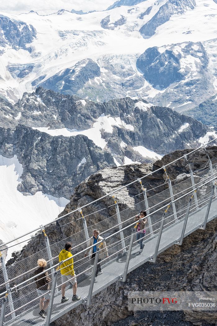 Aerial view of tourists in the Titlis Cliff Walk, the Europes highest suspension bridge, Engelberg, Canton of Obwalden, Switzerland, Europe