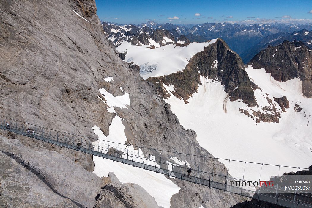 Aerial view of tourists in the Titlis Cliff Walk, the Europes highest suspension bridge, Engelberg, Canton of Obwalden, Switzerland, Europe
