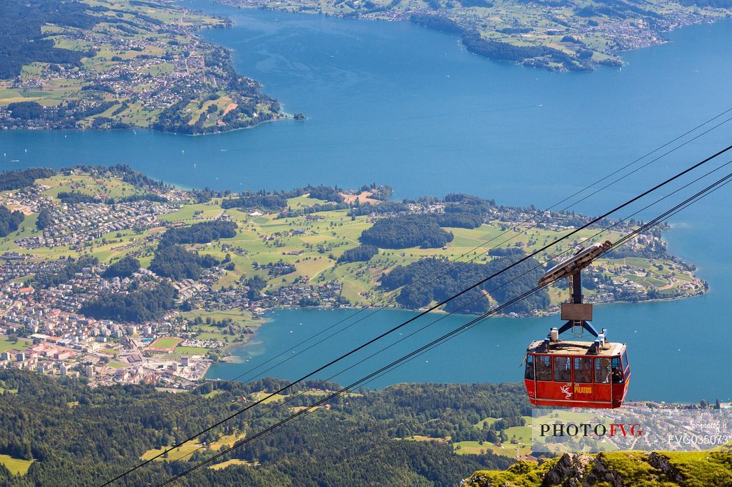 View from Pilatus Mountain of the Aerial Cableway from Lucerne, in the background the Lucerne lake, Border Area between the Cantons of Lucerne, Nidwalden and Obwalden