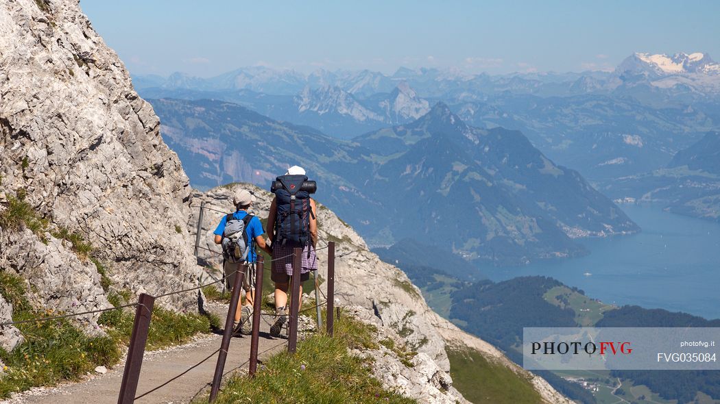 Hiking on the Pilatus mountainn area, in the background the Lucerne lake,  Border Area between the Cantons of Lucerne, Nidwalden and Obwalden, Switzerland, Europe