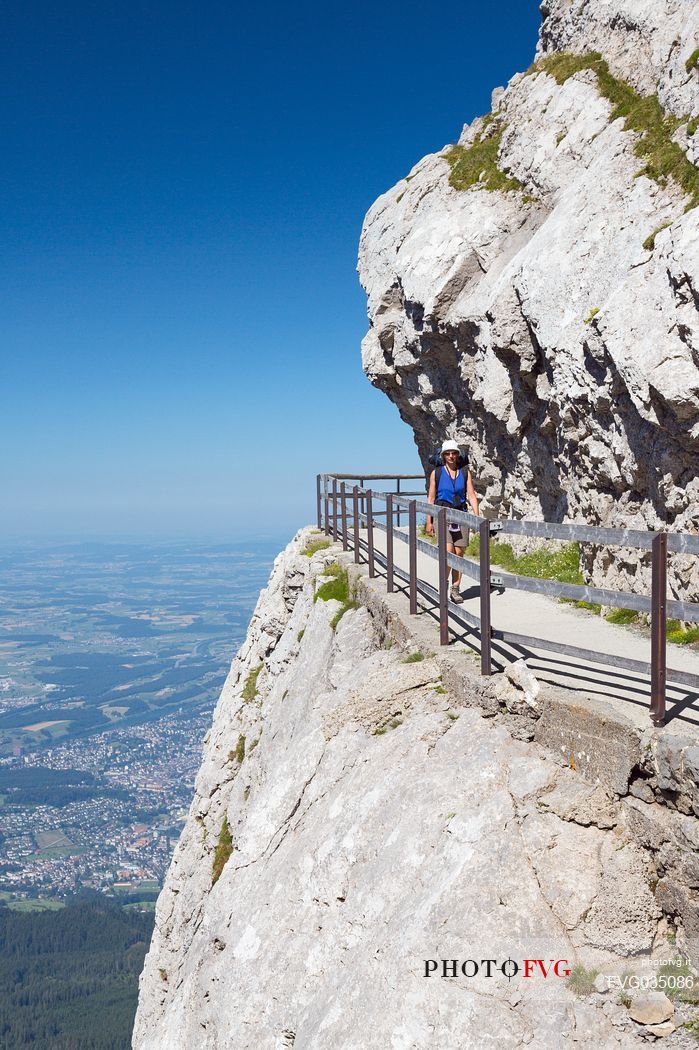 Hiking on the Pilatus mountainn area, in the background the Lucerne city,  Border Area between the Cantons of Lucerne, Nidwalden and Obwalden, Switzerland, Europe