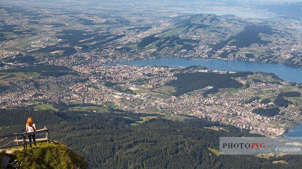 View of the city and the lake of Lucerne from the belvedere of Pilatus mount, border Area between the Cantons of Lucerne, Nidwalden and Obwalden