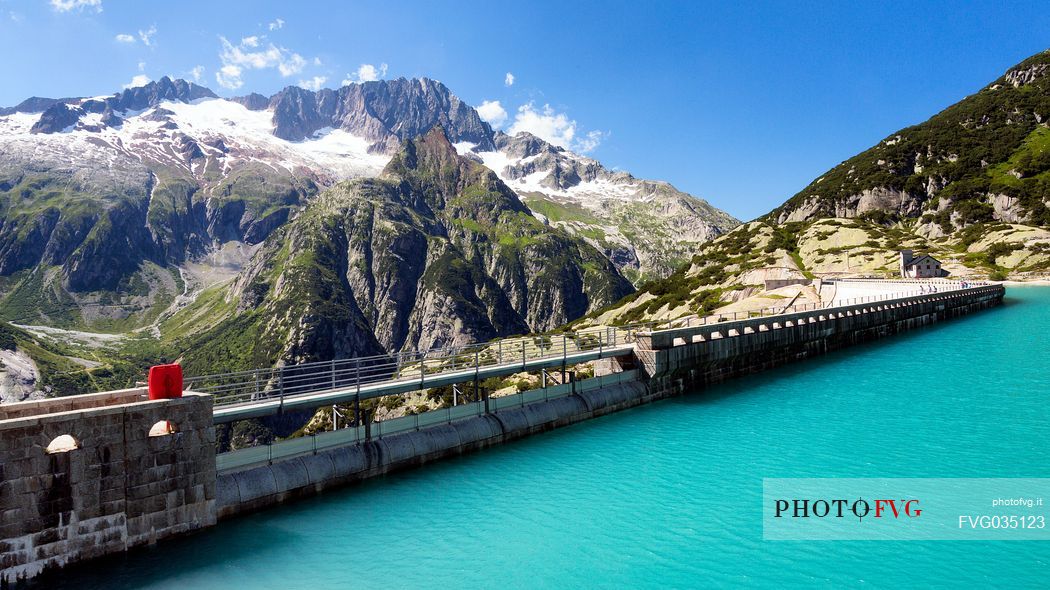 Dam of the Gelmer or Gelmersee lake, a hydroelectric reservoir, Canton of Berne, Switzerland, Europe