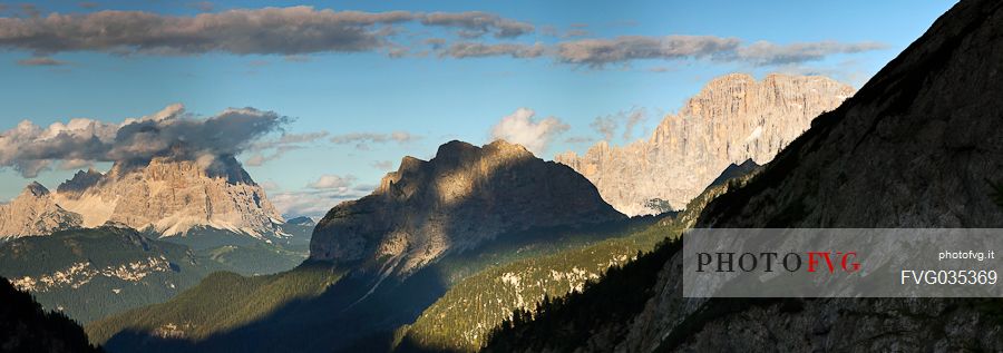 Beautiful light in the Pettorina valley with Civentta and Pelmo mounts from Ombretta valley, Marmolada mountain range, dolomites, Veneto, Italy, Europe