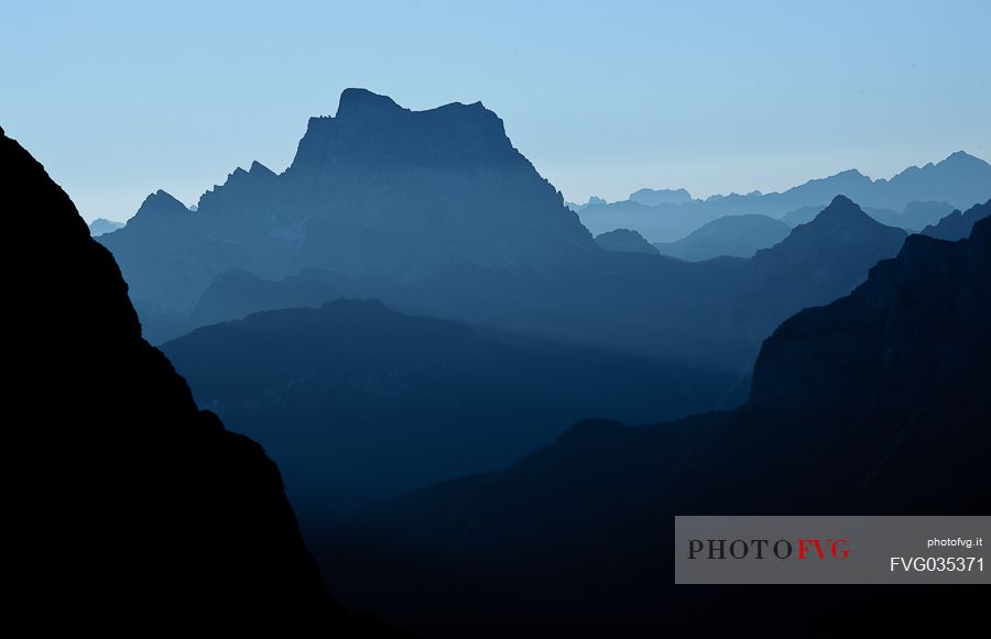 Sunrise in the Pettorina valley and Pelmo mount from Ombretta valley, Marmolada mountain range, dolomites, Veneto, Italy, Europe