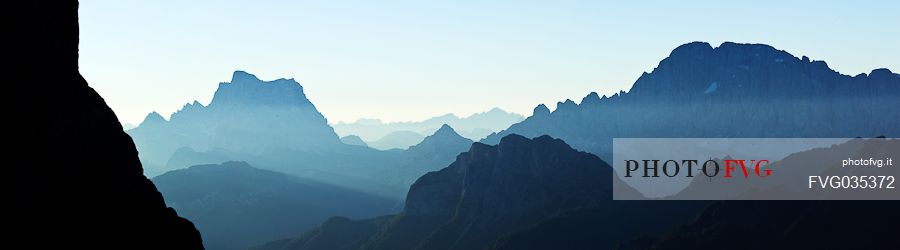 Sunrise in the Pettorina valley with Pelmo and Civetta mounts from Ombretta valley, Marmolada mountain range, dolomites, Veneto, Italy, Europe