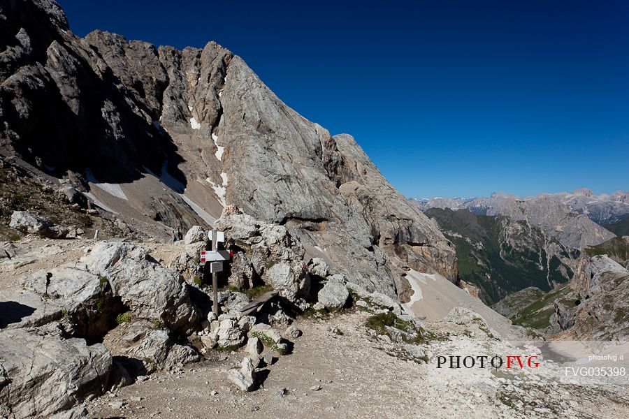 Val Rosalia and Val Contrin from Ombretta pass, Marmolada mountain range, dolomites, Veneto, Italy, Europe