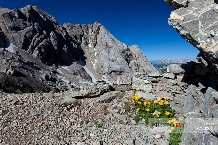 Trench remains at the Ombretta Pass, Marmolada mountain range, dolomites, Veneto, Italy, Europe