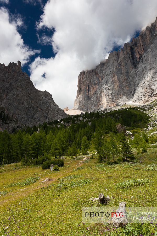 Pian Ombretta and in the background the Ombretta pass and the south cliff of Marmolada mount, dolomites, Veneto, Italy, Europe