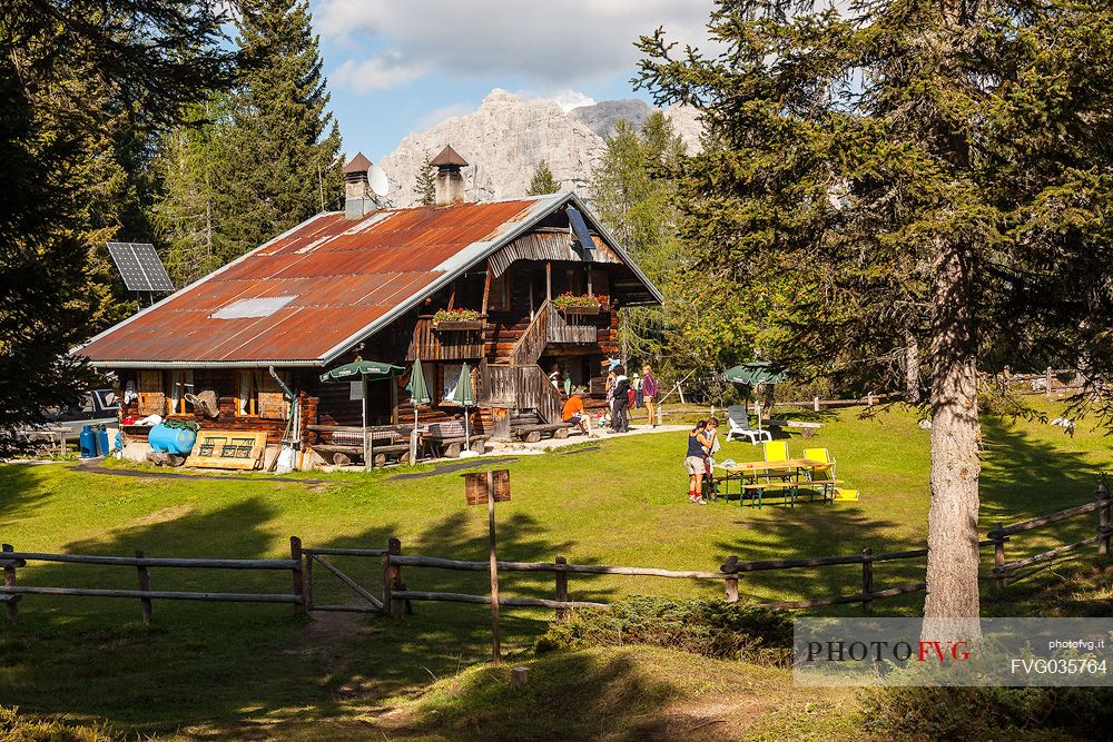 Hikers at the Tita Barba mountain hut, Cadore, dolomites, Veneto, Italy, Europe