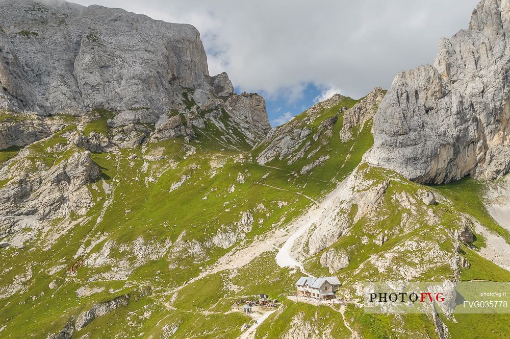 View from above Calvi mountain hut in Sesis valley, Sappada, dolomites, Friuli Venezia Giulia, Italy, Europe