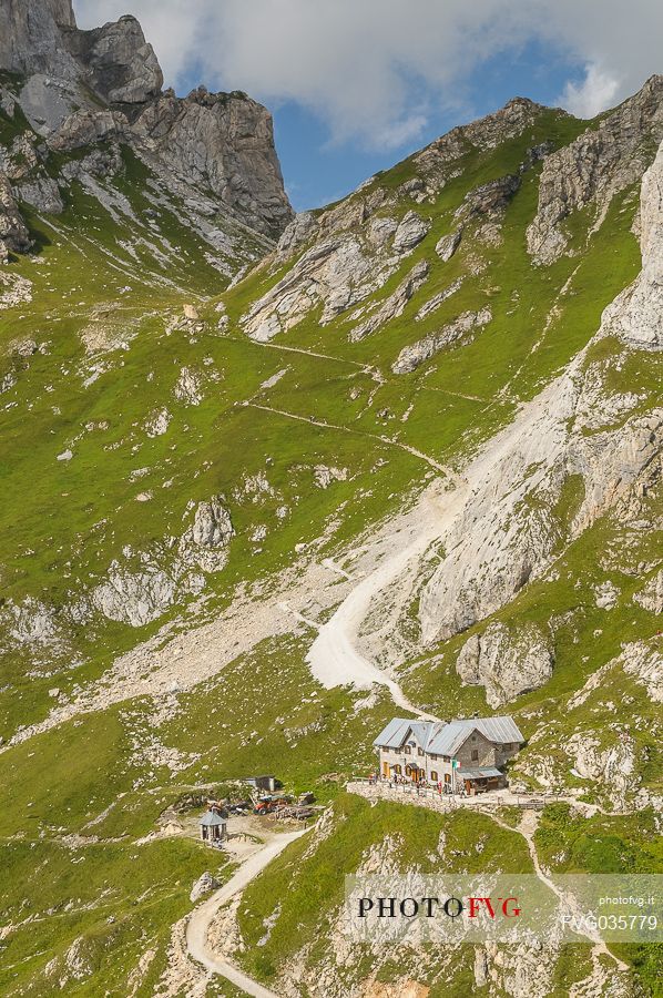 View from above Calvi mountain hut in Sesis valley, Sappada, dolomites, Friuli Venezia Giulia, Italy, Europe