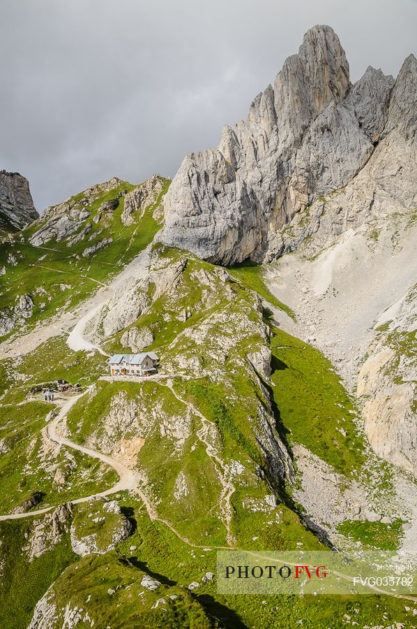 View from above Calvi mountain hut in Sesis valley, Sappada, dolomites, Friuli Venezia Giulia, Italy, Europe