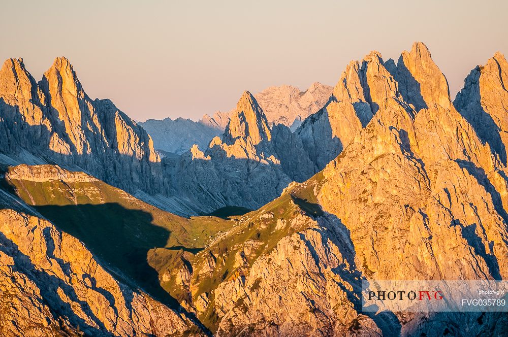 Sappada dolomites at sunrise from Sesis pass, dolomites, Friuli Venezia Giulia, Italy, Europe