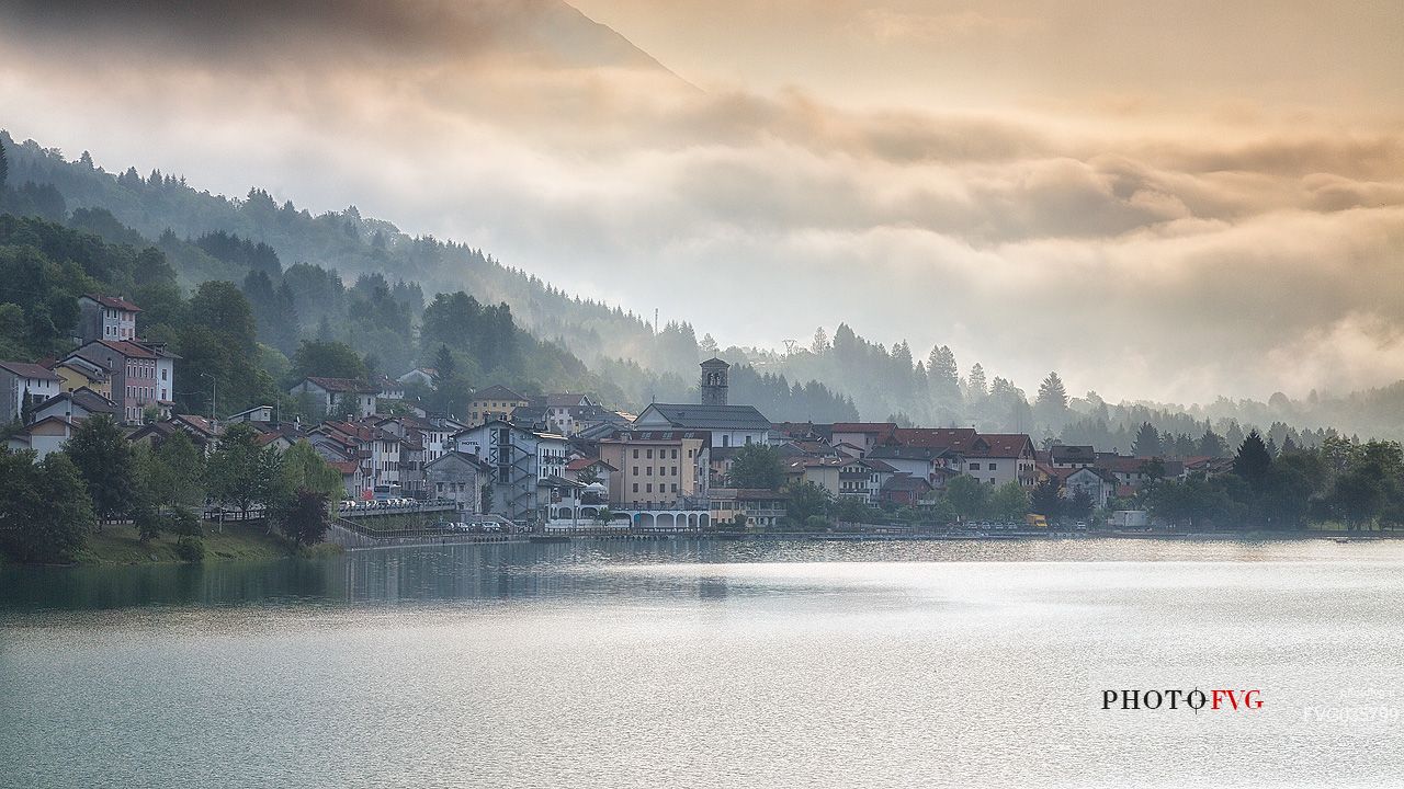 Lake and village of Barcis, Friuli Venezia Giulia, dolomites, Italy, Europe