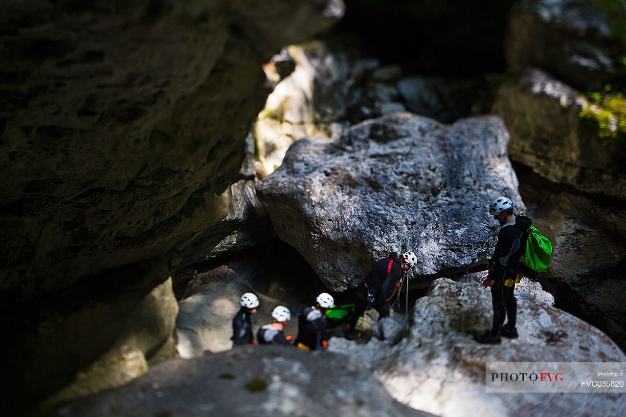 Canyoning in the Cosa river near Pradis Caves, Clauzetto, Alps Carniche, Friuli Venezia Giulia, Italy, Europe