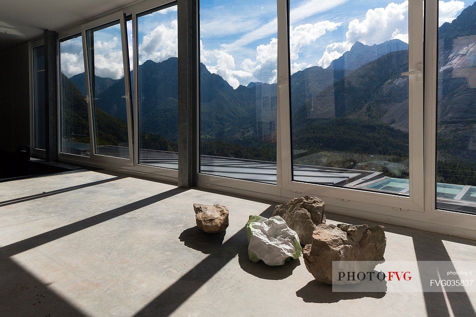 Inside the Dolomiti Contemporanee museum, in the background the landslide of Toc mount which caused the Vajont tragedy, Casso, Dolomiti Friulane natural park, dolomites, Friuli Venezia Giulia, Italy, Europe
