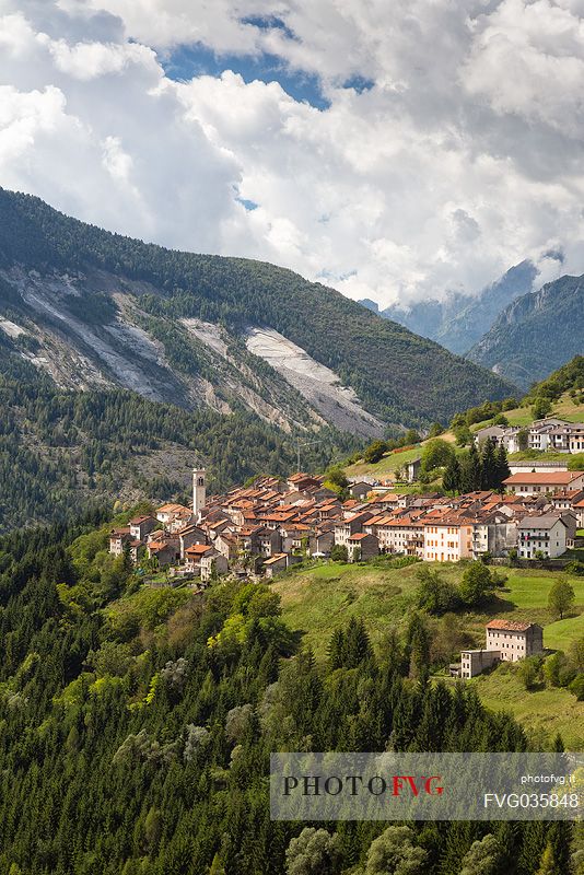 Erto village and the landslide of Toc mount in the background, Vajont dam disaster, Friuli Venezia Giulia, Italy, Europe