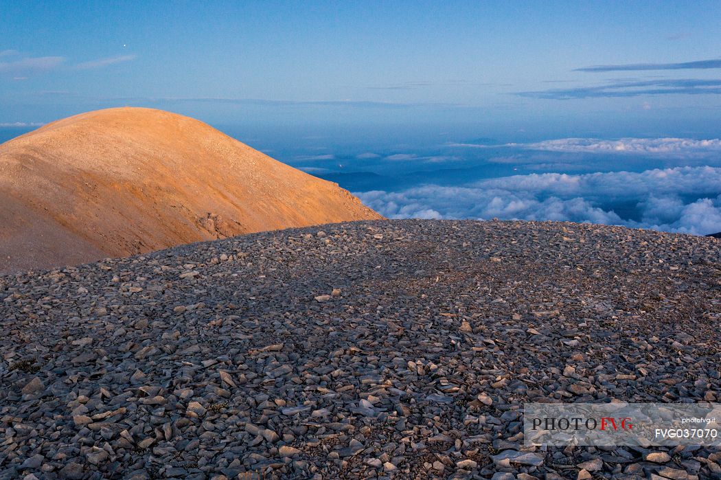 Mount Acquaviva in the amphitheater of the Murelle at twilight, Majella national park, Abruzzo, Italy, Europe