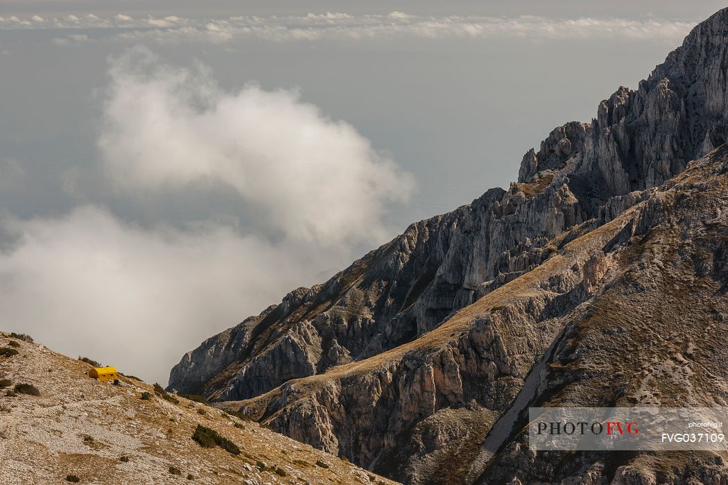 View from above of Carlo Fusco hut and the amphitheater of the Murelle, Majella national park, Abruzzo, Italy, Europe