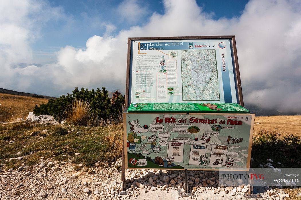 Billboard of Majella national park along  the path from Blockhouse peak, Murelle amphitheater, Majella national park, Abruzzo, Italy, Europe