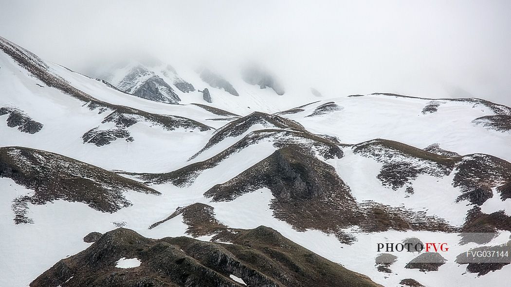 Thaw in the slope of Campo Imperatore, Gran Sasso and Monti della Laga national park, Abruzzo, Italy, Europe