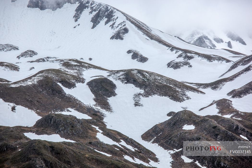 Thaw in the slope of Campo Imperatore, Gran Sasso and Monti della Laga national park, Abruzzo, Italy, Europe