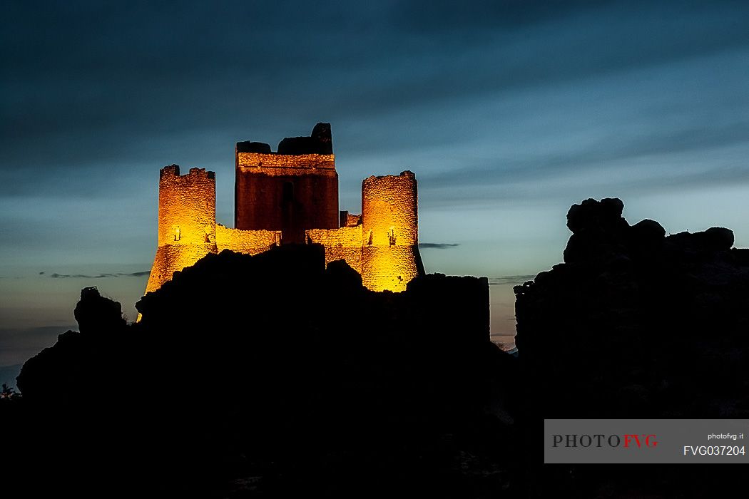 Rocca Calascio castle at twilight, Gran Sasso national park, Abruzzo, Italy, Europe