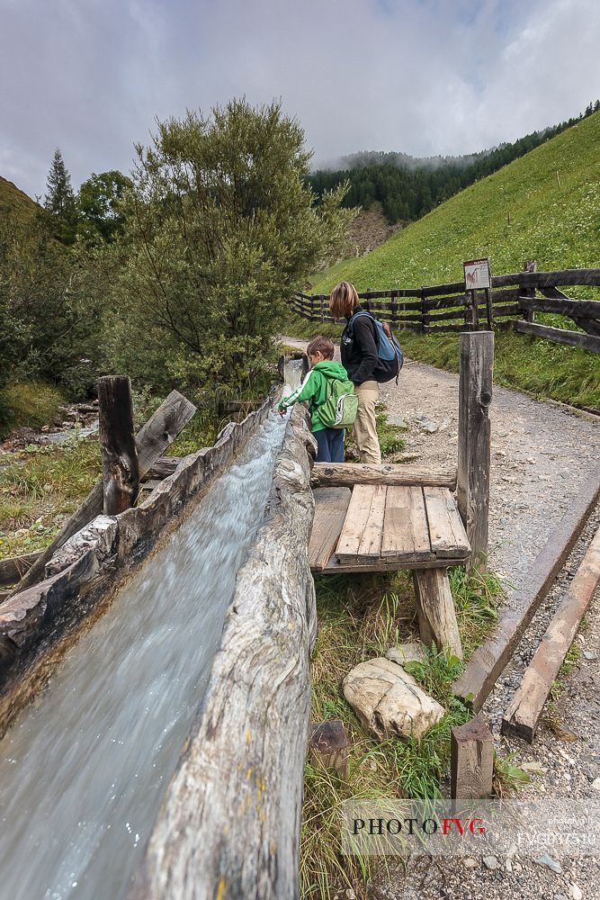 Natural water running in the traditional wooden canal near a water mill, Longiar, Badia valley, dolomites, Trentino Alto Adige, Italy, Europe