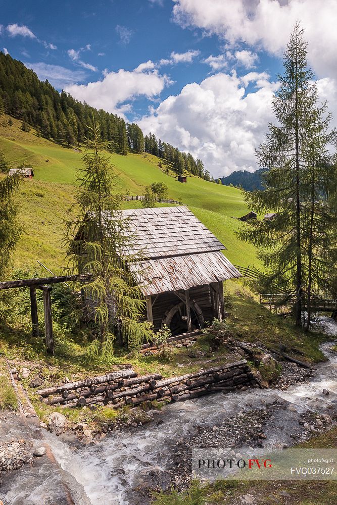 Ancient water mill in Longiar village, Badia valley, dolomites, South Tyrol, Italy, Europe