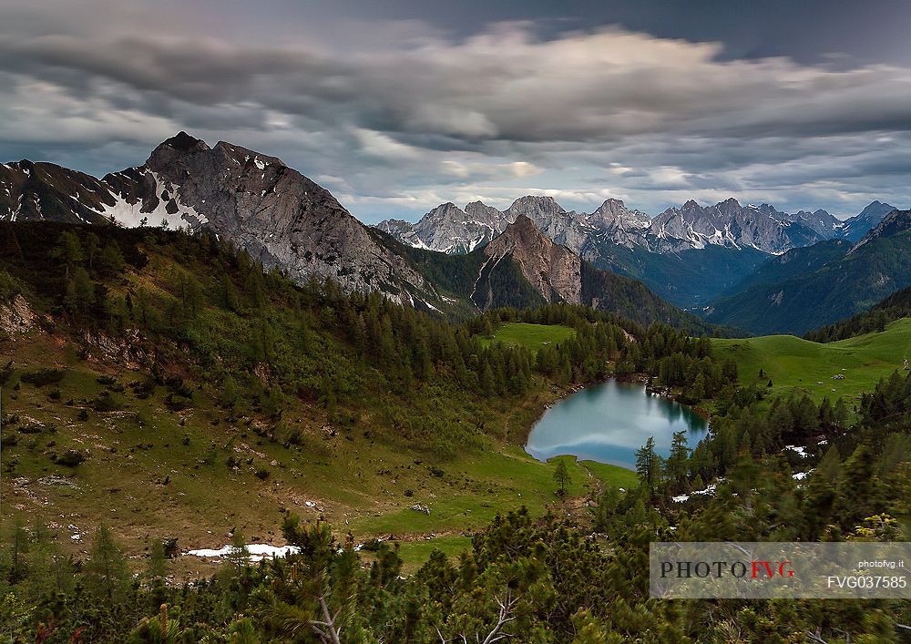 Aerial view of Bordaglia lake in Carnic alps, Forni Avoltri, Friuli Venezia Giulia, Italy, Europe