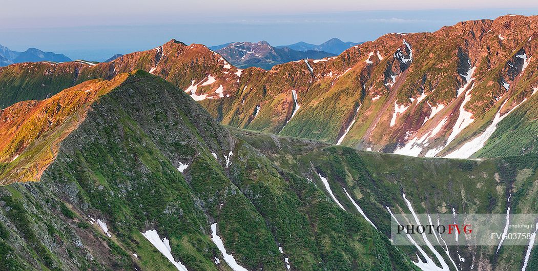 Crostis mount and in the background the Zoncolan peak, Carnic alps, Forni Avoltri, Friuli Venezia Giulia, Italy, Europe