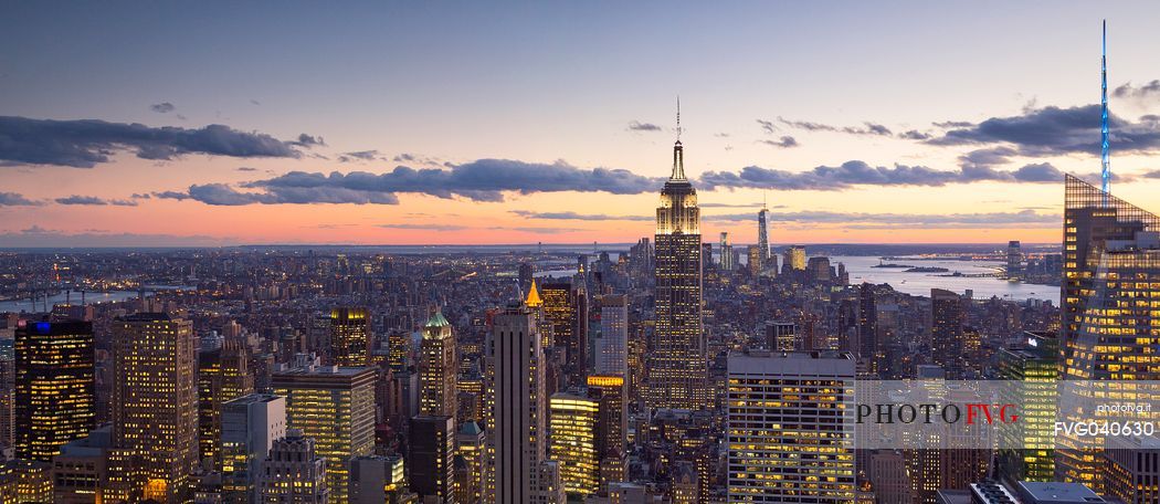 Cityscape with the Empire State Building at twilight, view from the Top of the Rock observation deck at Rockfeller Center, Manhattan, New York City, USA