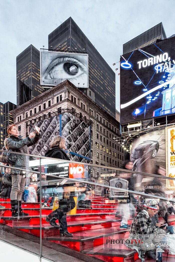 Tourists in the Duffy Square, Red Stairs, at Times Square, Manhattan, New York, United States