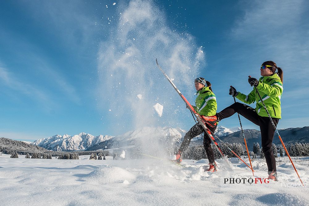 Cross country ski in the fresh snow, Cansiglio plateau, Veneto, Alps, Italy, Europe