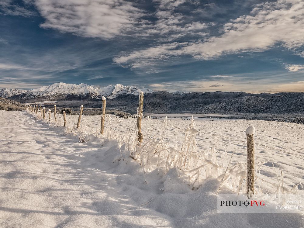 Winter path in the Piana Cansiglio plateau and in the background the Monte Cavallo mountain range, Veneto, Italy, Europe