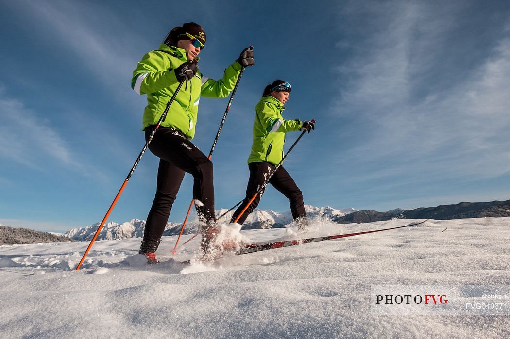 Cross country ski in the fresh snow and in the background the monte Cavallo mountain range, Cansiglio plateau, Veneto, Alps, Italy, Europe