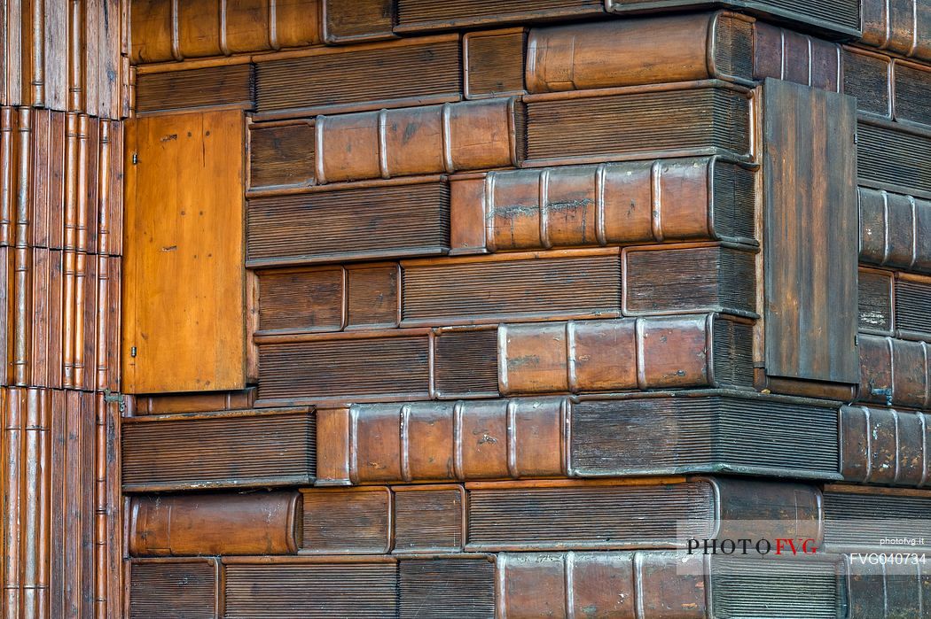 Detail of the unusual Casa del Libro or Book house of Tambre in the Cansiglio forest, Veneto, Italy, Europe