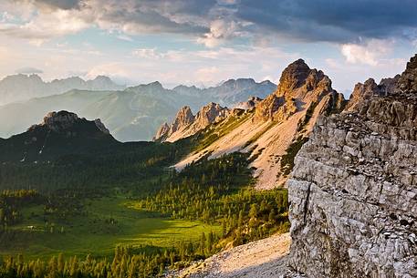 Campuros alpine meadows in spring with Lavinal, Palas and Pic di Mea peaks