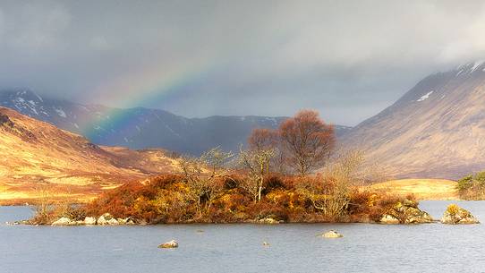 Rainbow over Lochin Na H'Achlaise and the Black Mount, Rannoch Moor