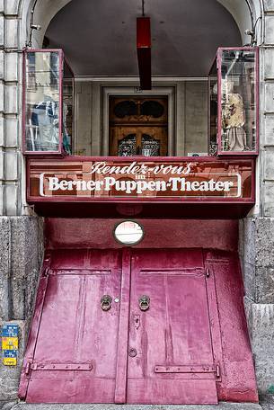 The entrance of  small theater set up in the medieval cellars in Kramgasse street, in the old town of Bern, Unesco World Heritage, Switzerland, Europe